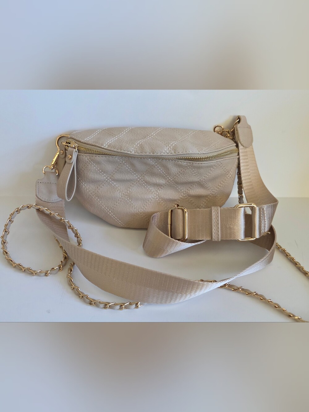 Urban Expressions Quilted Taupe Crossbody Belt Bag with Gold Hardware